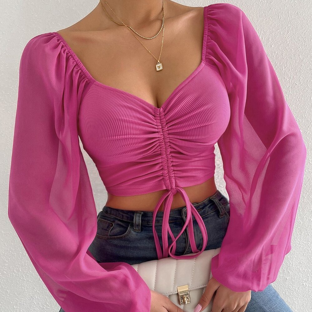 Hot Pink Casual Women's Heart Neck Drawstring Ruched Long Sleeve Top - Picture 3 of 6